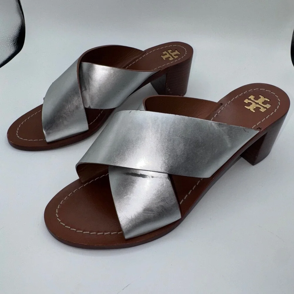 Tory Burch Heels Silver‎ Metallic Montrose Stacked Block Heel Slide Sandals 9.5